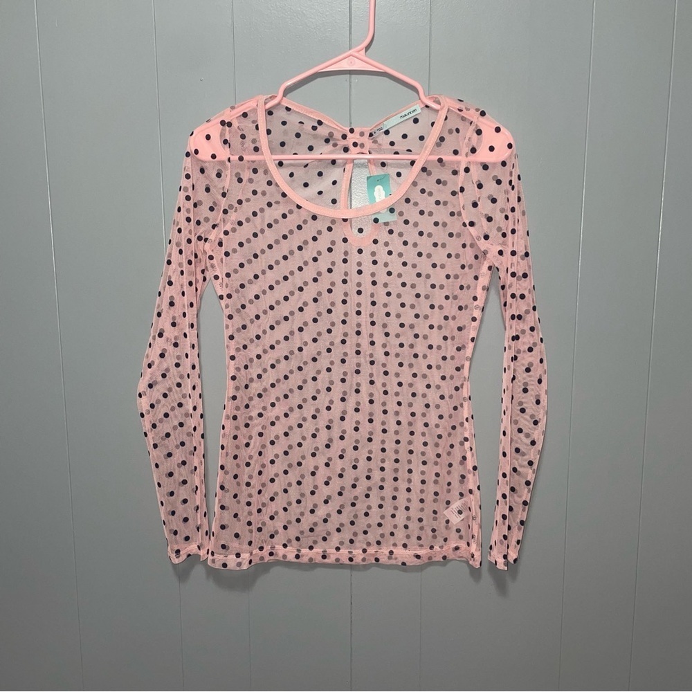 Maurices Pink Sheer Navy Polka Dot Long Sleeve Top Small